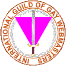 badge that says International Guild of Gay Webmasters. there is an inverted pink triangle, and a sword on top of it.