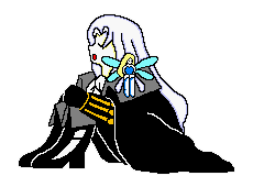 pixel art of Alucard from Castlevania, sitting with a little fairy on his shoulder. he looks quite peaceful.