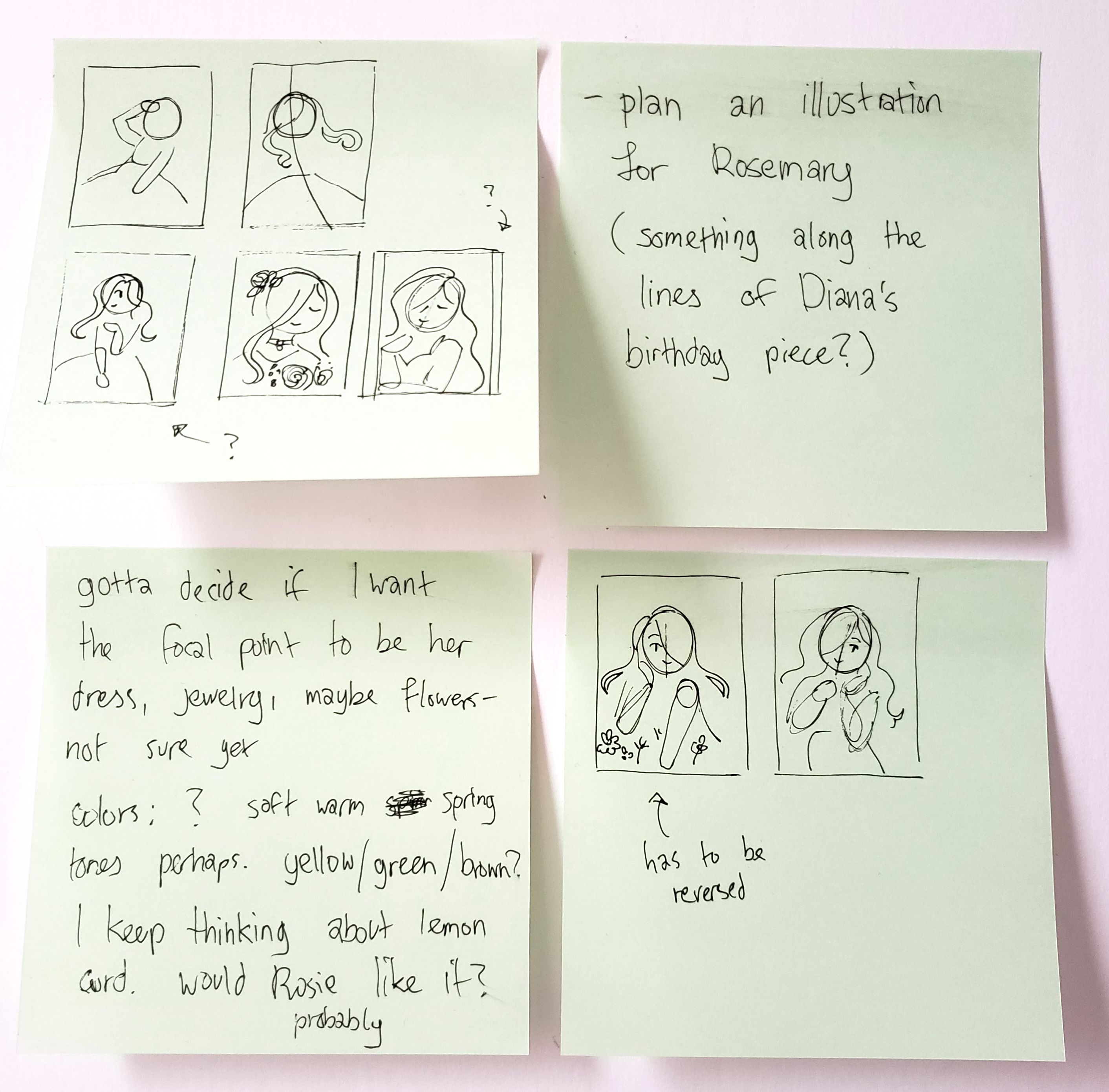 an assortment of post-it notes with drawings and notes written in black pen