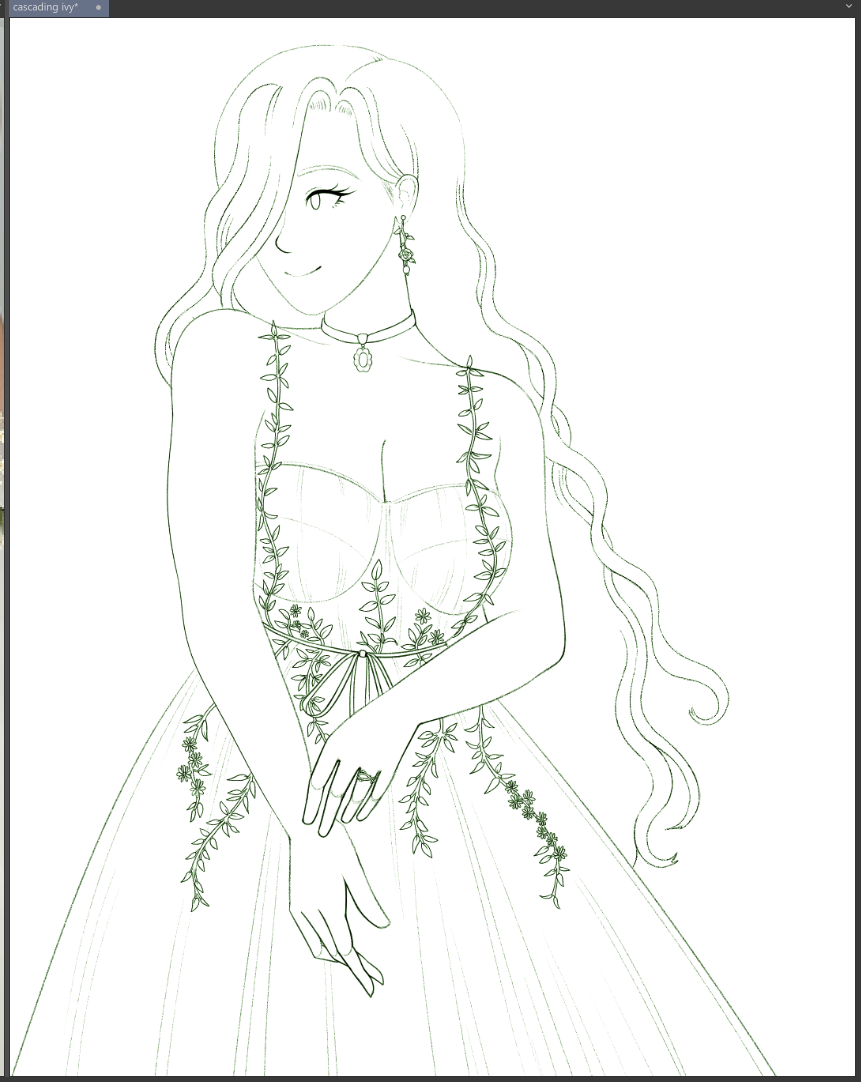 progress made on the lineart. the leaves on the dress have been rendered in great detail