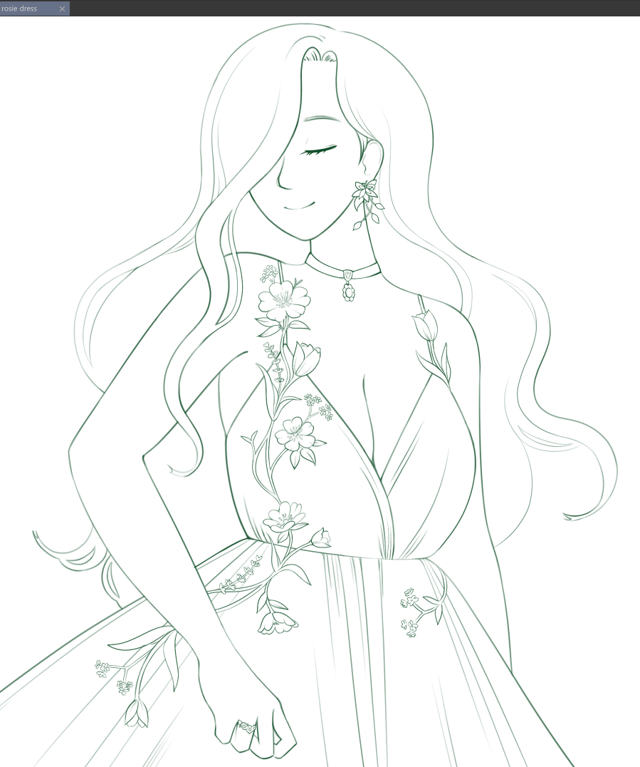 finished linework, with detailed flowers flowing down the sides of her dress